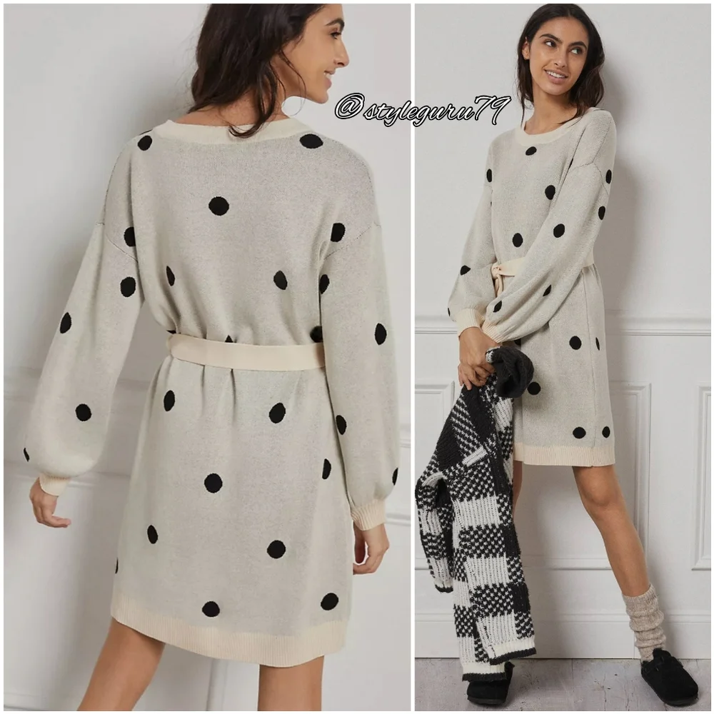 NWT, Anthropologie, Emilie Tunic Polka Dot Belted Sweater Dress - Picture 2 of 2